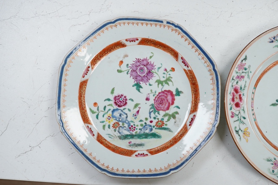 Three Chinese famille rose plates, late 18th century, circular plate 22cm diameter. Condition - edges chipped